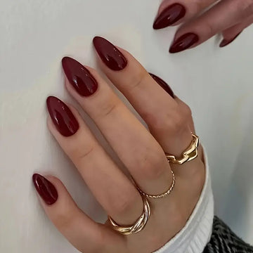 24pcs Glossy Wine Red Short Almond Nail
