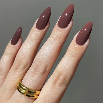24pcs Long Almond Press On Nails - Glossy Red Brown