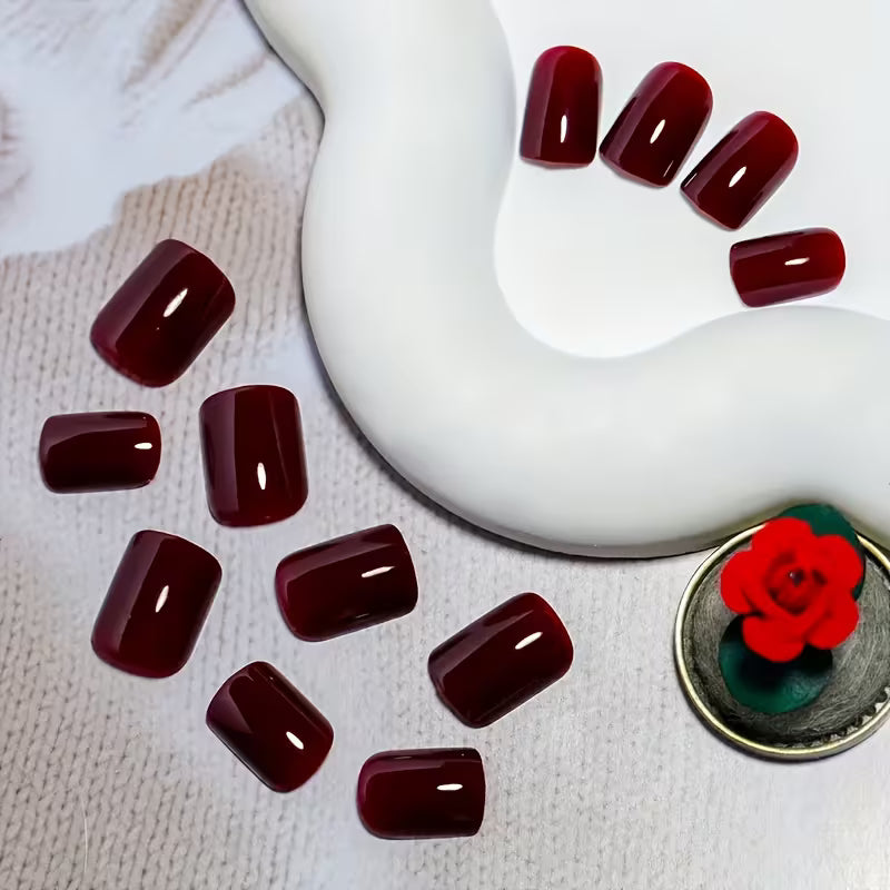 24 Medium Square Burgundy Fake Nails