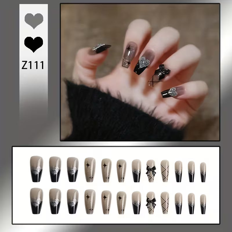 24pcs Black Press On Nails with Jelly Gum