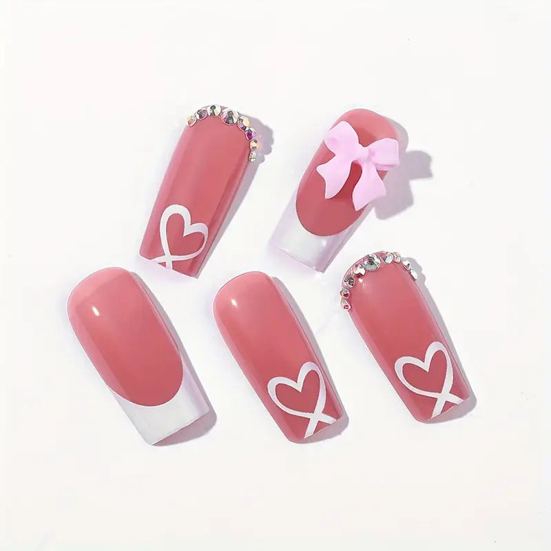 24pcs Square Press-On Nails with Heart & Bow Design