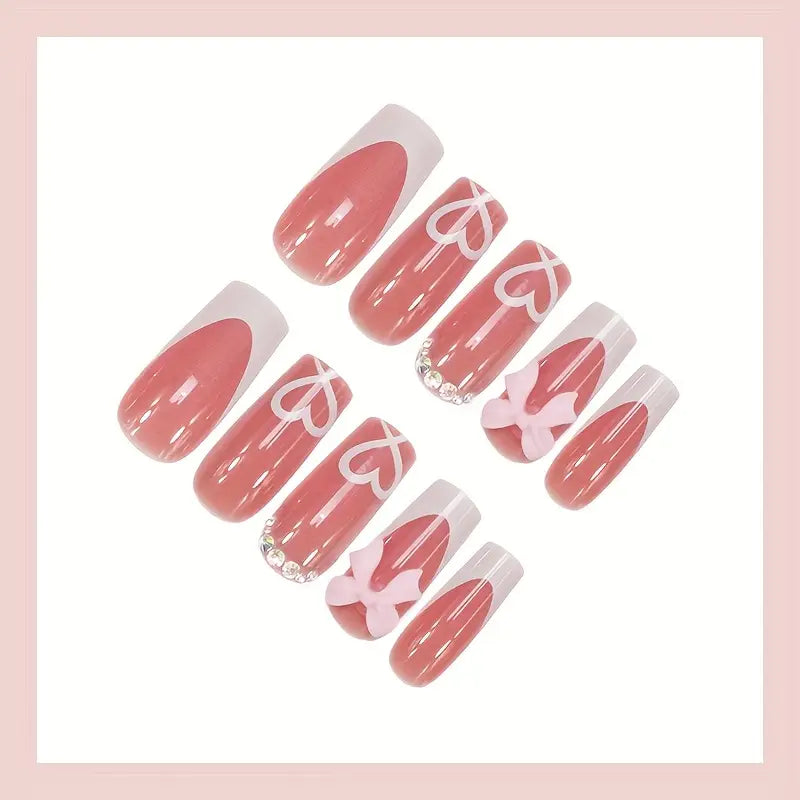 24pcs Square Press-On Nails with Heart & Bow Design