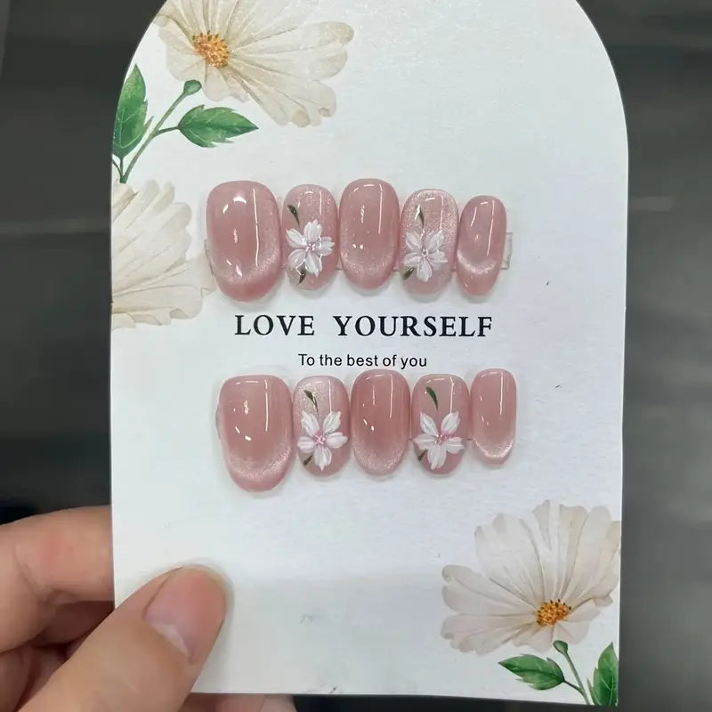 10pcs Hand-Painted Pink Cat'S Eye Floral Fake Nails