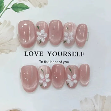 10pcs Hand-Painted Pink Cat'S Eye Floral Fake Nails