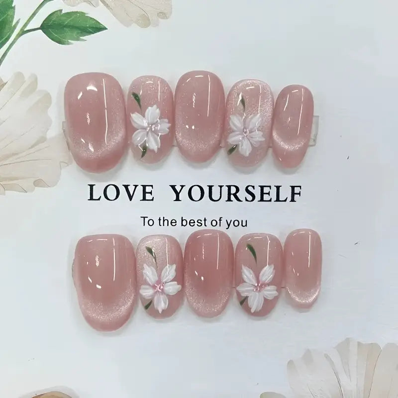 10pcs Hand-Painted Pink Cat'S Eye Floral Fake Nails