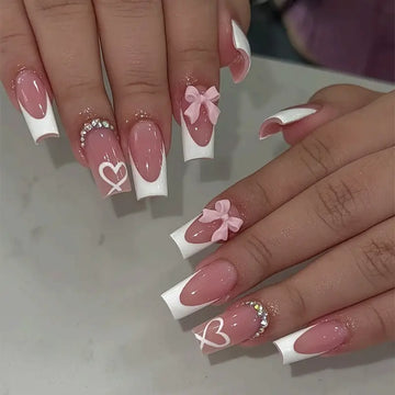 24pcs Square Press-On Nails with Heart & Bow Design