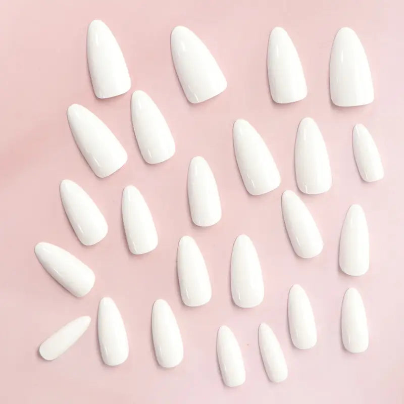 24 Long White Almond-Shaped Fake Nails