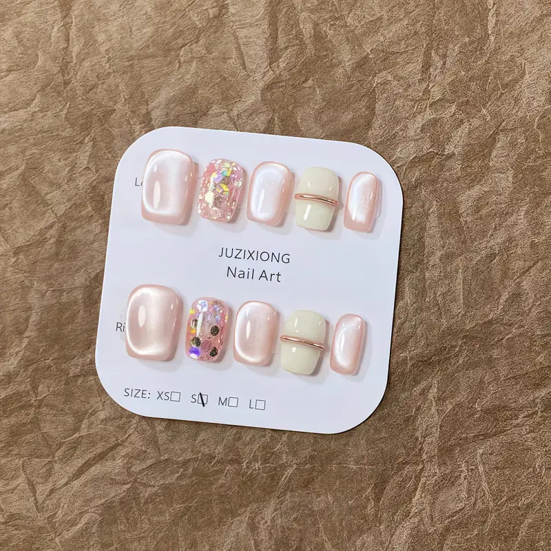 10pcs Handmade Short Press-On Nails - Pink Cat Eye