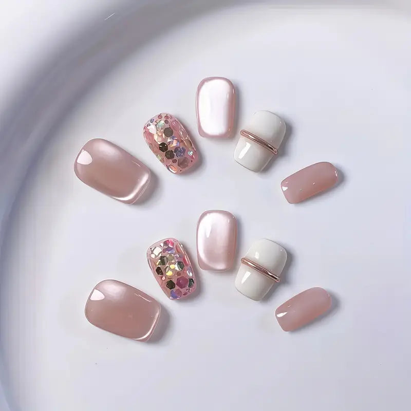 10pcs Handmade Short Press-On Nails - Pink Cat Eye