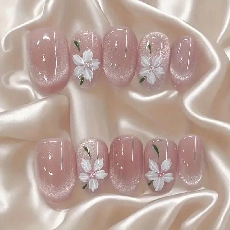 10pcs Hand-Painted Pink Cat'S Eye Floral Fake Nails