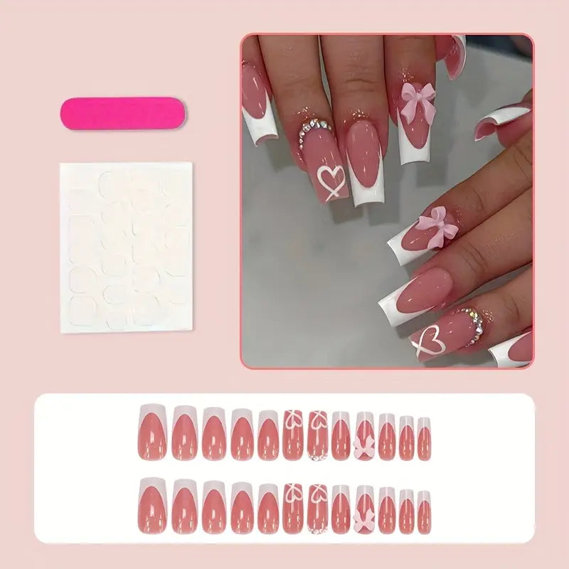 24pcs Square Press-On Nails with Heart & Bow Design