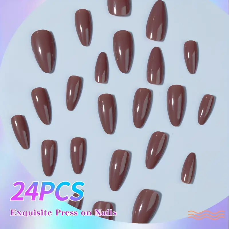 24pcs Long Almond Press On Nails - Glossy Red Brown
