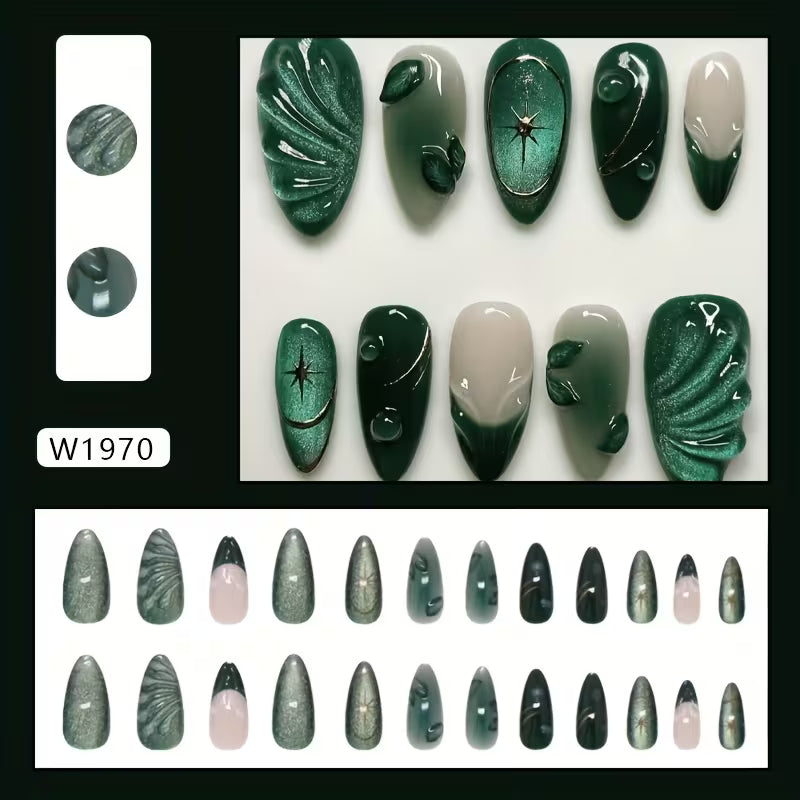 Green Marble French Cat-Eye Press-On Nails