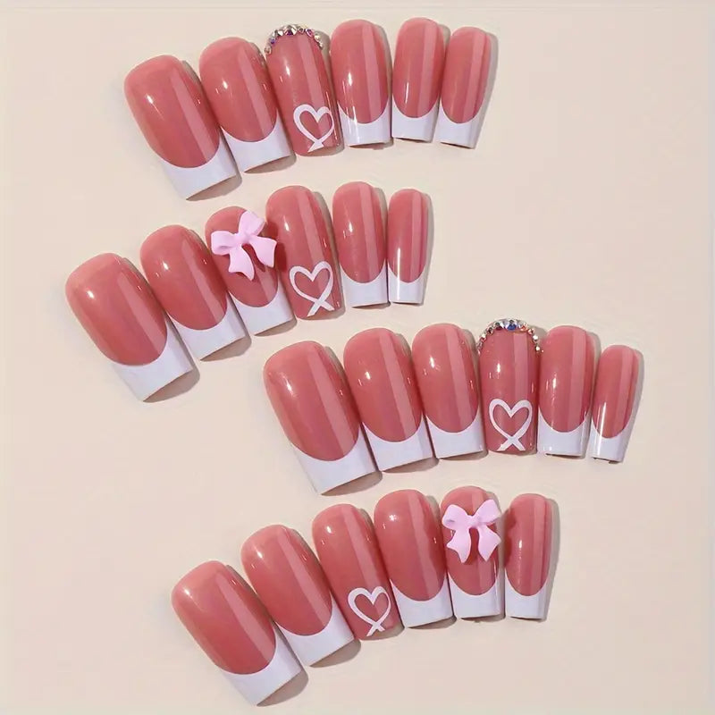 24pcs Square Press-On Nails with Heart & Bow Design
