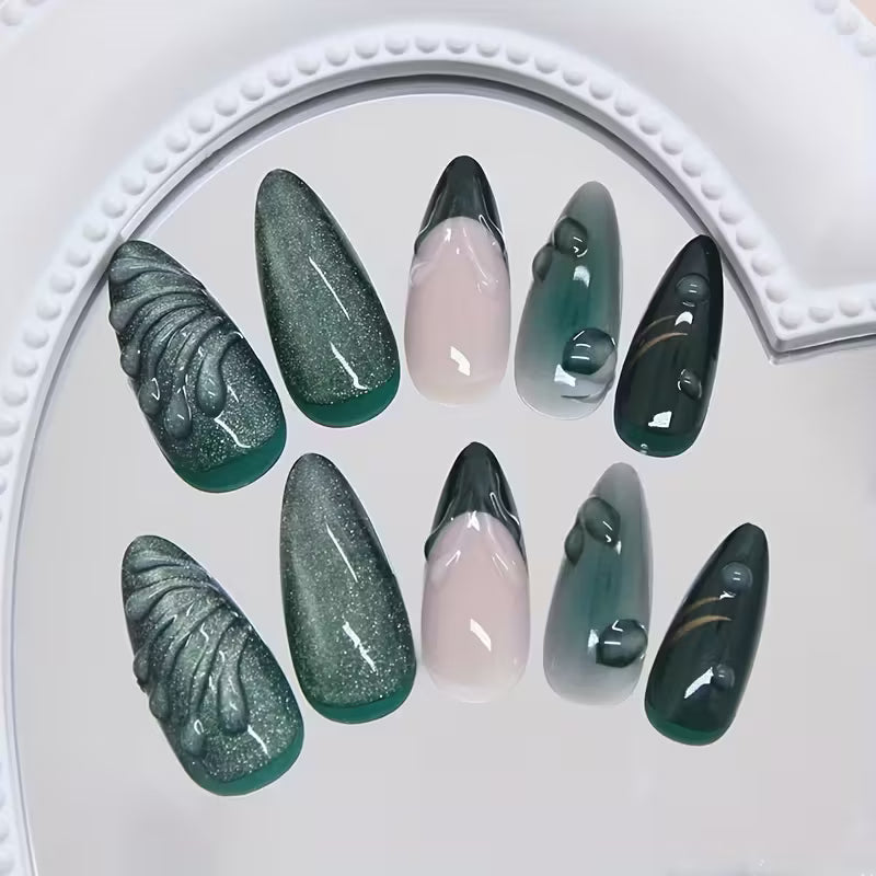 Green Marble French Cat-Eye Press-On Nails