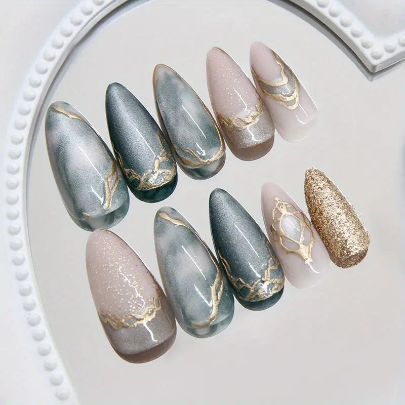 Press-On Nails with Teal to Ombre Glitter
