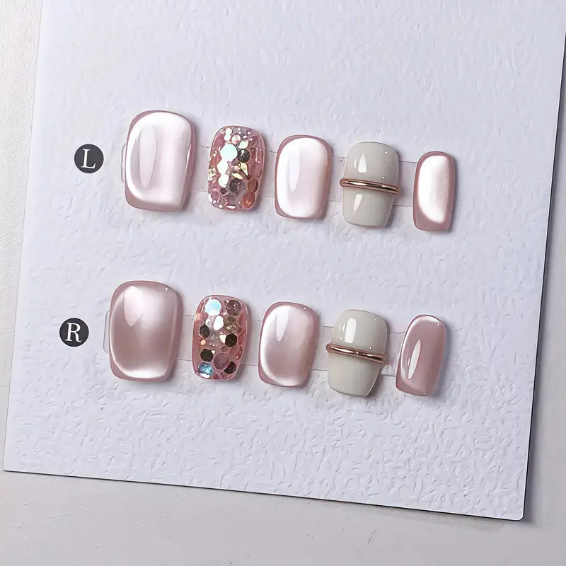 10pcs Handmade Short Press-On Nails - Pink Cat Eye