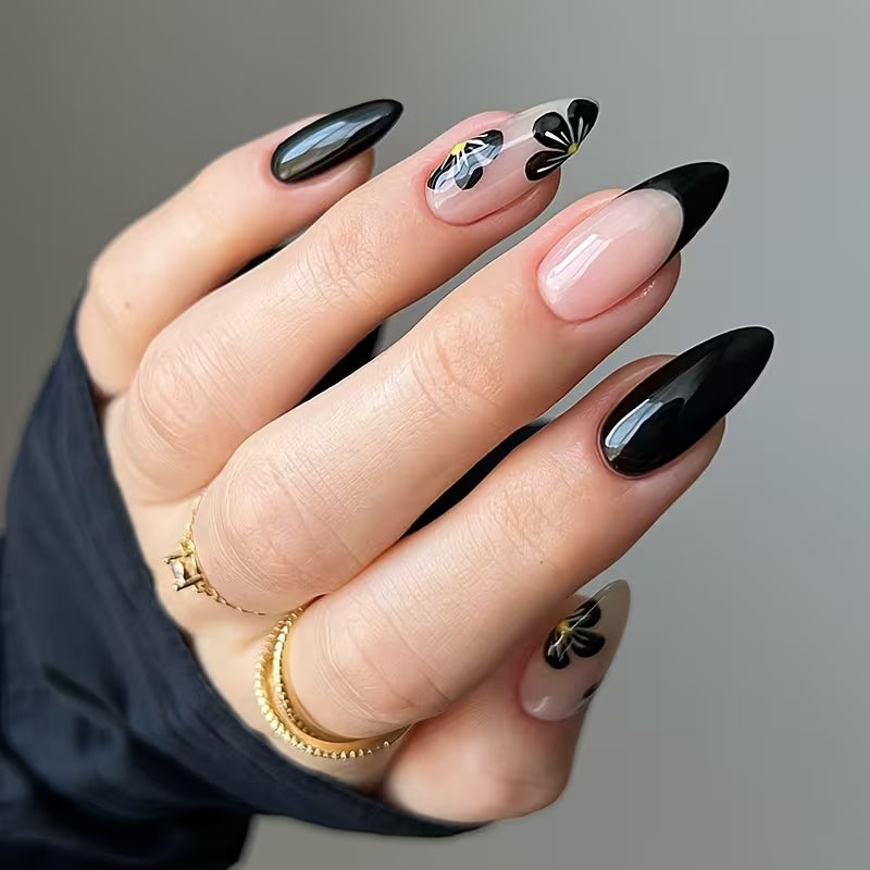 24pcs of Almond-Shaped Black Press On Nails