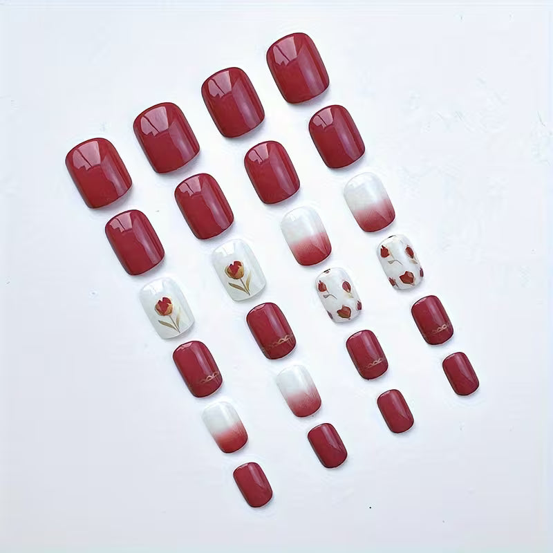 24pcs Elegant Rose Red Gradient Press-On Nails