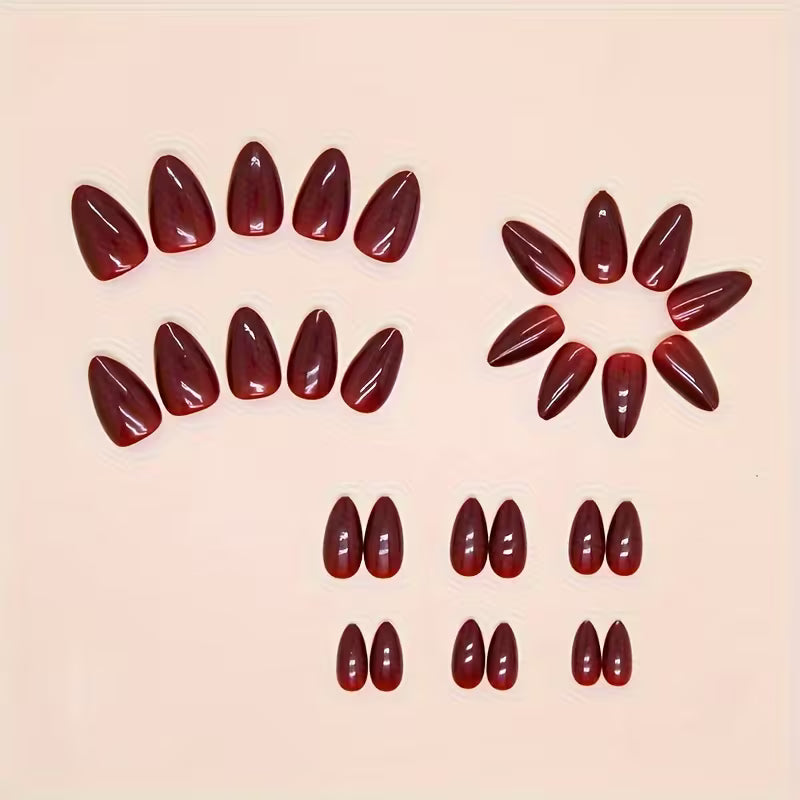 24pcs Glossy Wine Red Press On Nails