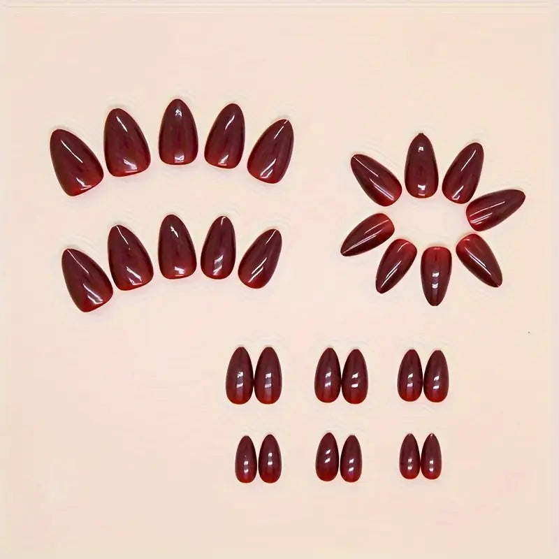 24pcs Glossy Wine Red Press On Nails - Medium Almond