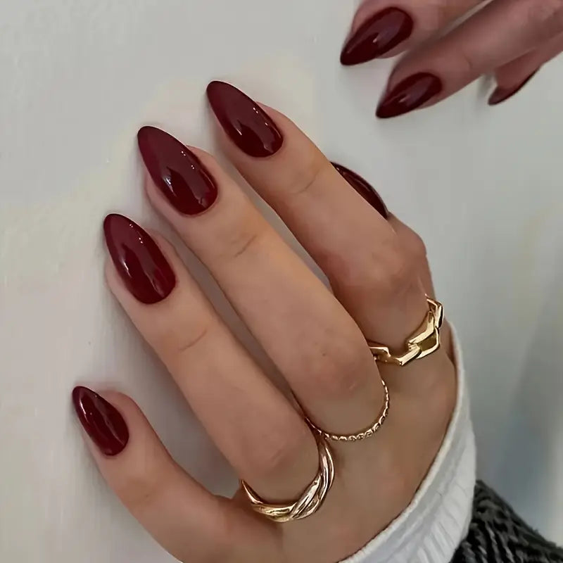 24pcs Glossy Wine Red Short Almond Nail