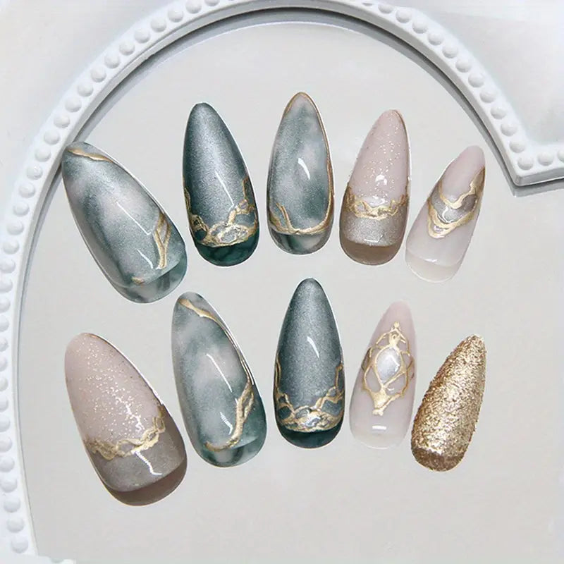 Press-On Nails with Teal to Ombre Glitter