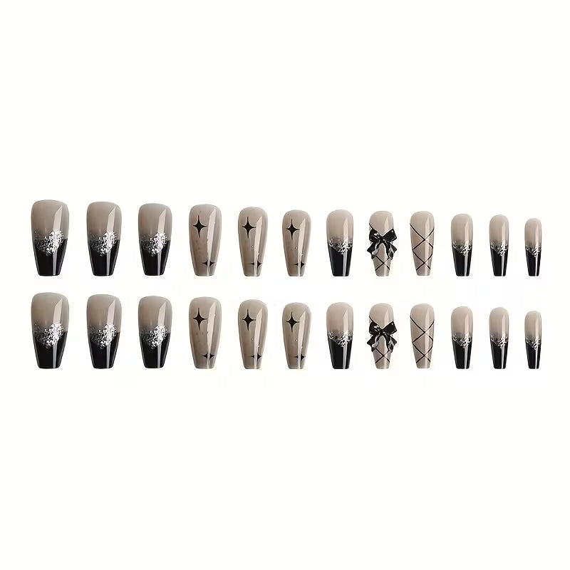24pcs Black Press On Nails with Jelly Gum