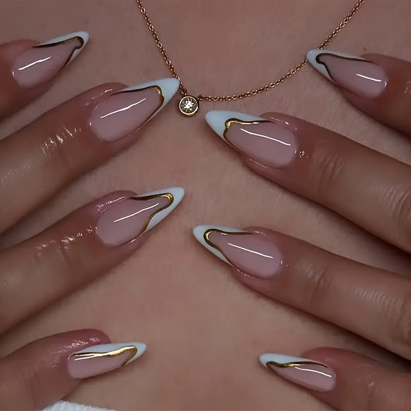 24pcs White French Tip Press on Nails Golden