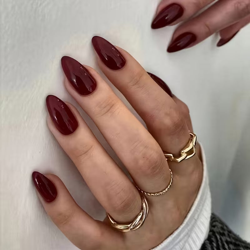24pcs Glossy Wine Red Press On Nails
