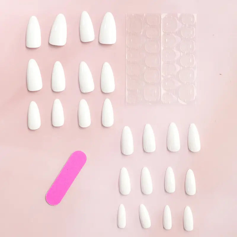 24 Long White Almond-Shaped Fake Nails