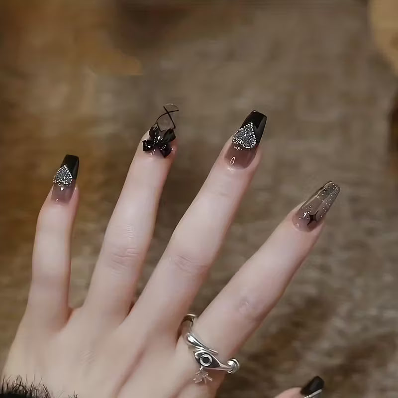 24pcs Black Press On Nails with Jelly Gum