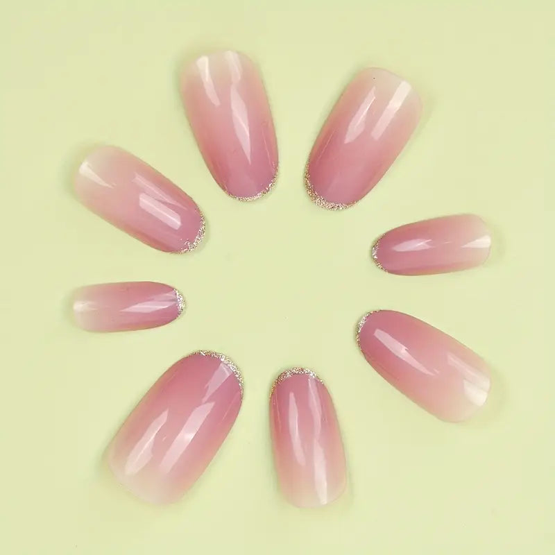 24pcs Glossy Medium Oval Fake Nails, Nude Pinkish