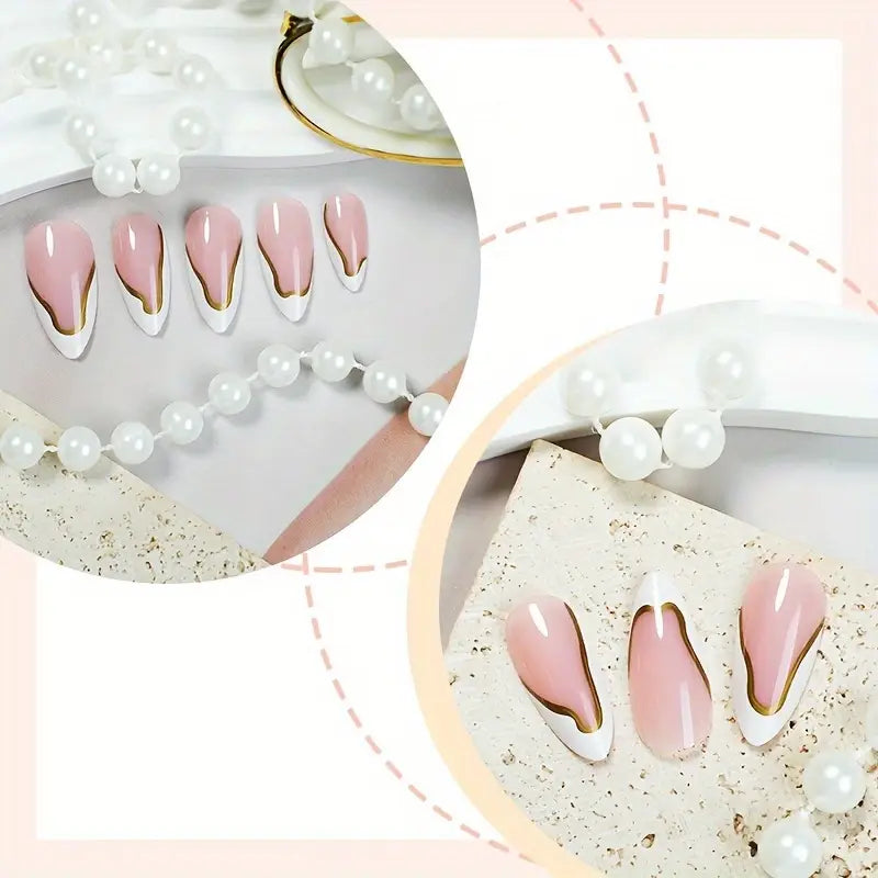 24pcs White French Tip Press on Nails Golden