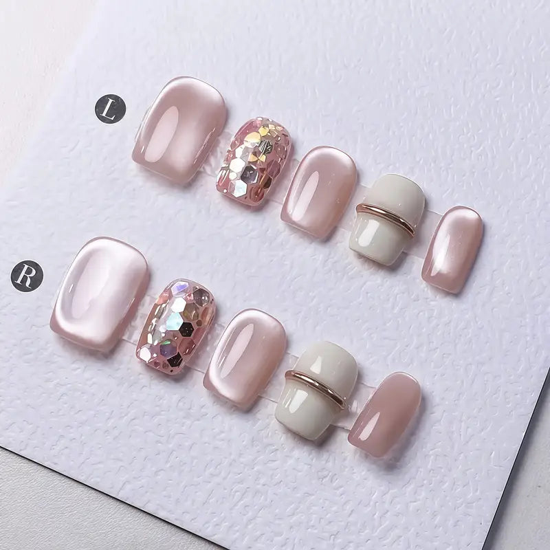 10pcs Handmade Short Press-On Nails - Pink Cat Eye