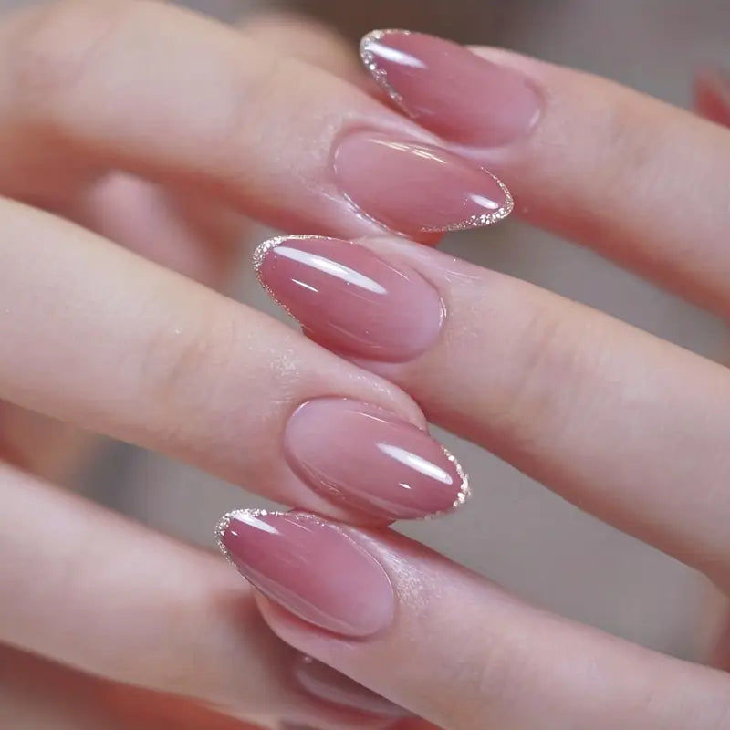24pcs Glossy Medium Oval Fake Nails, Nude Pinkish