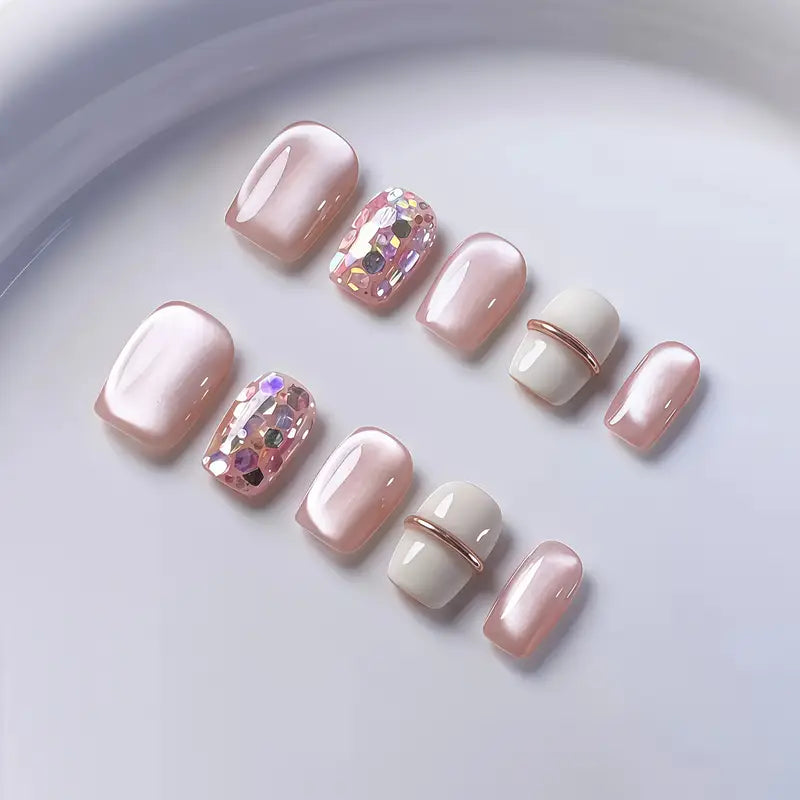 10pcs Handmade Short Press-On Nails - Pink Cat Eye