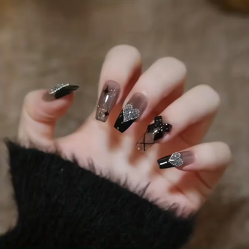 24pcs Black Press On Nails with Jelly Gum