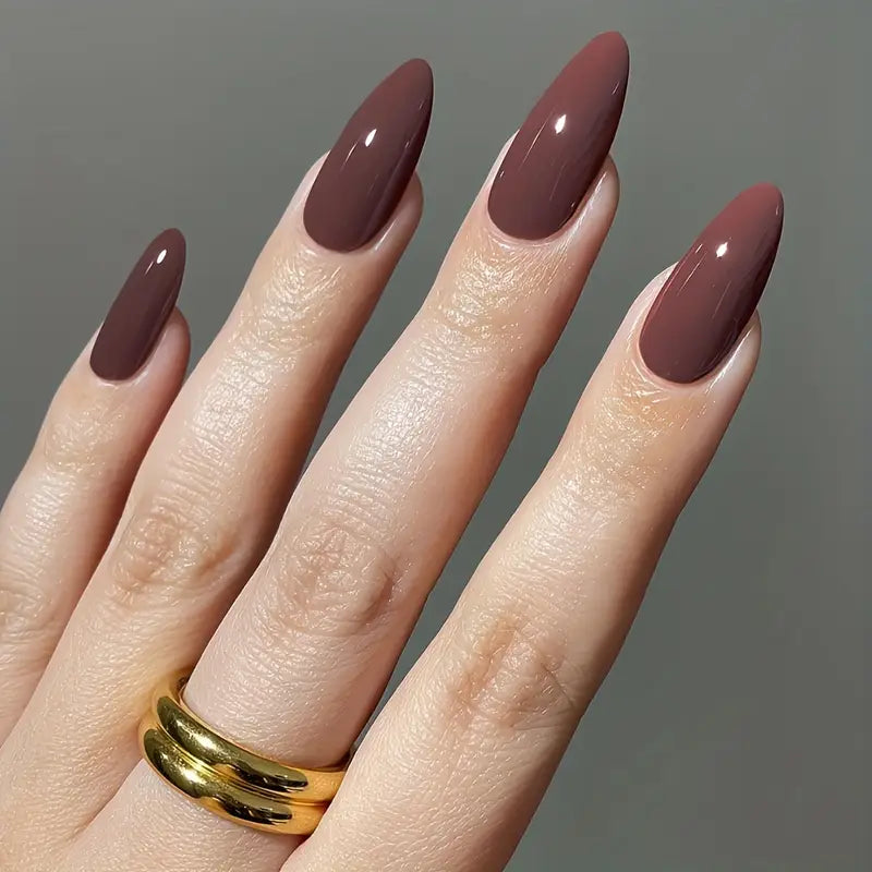 24pcs Long Almond Press On Nails - Glossy Red Brown