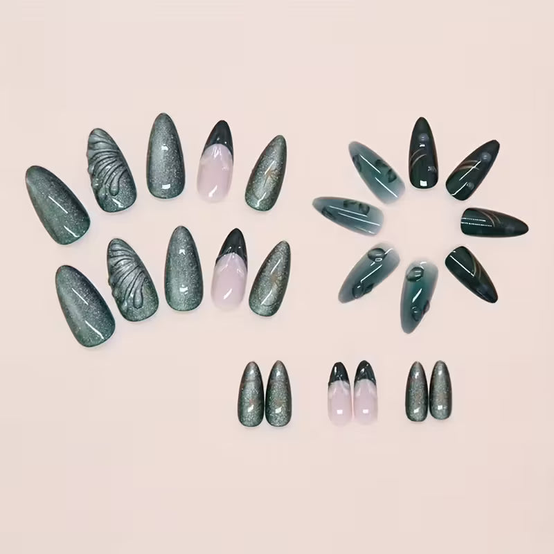 Green Marble French Cat-Eye Press-On Nails