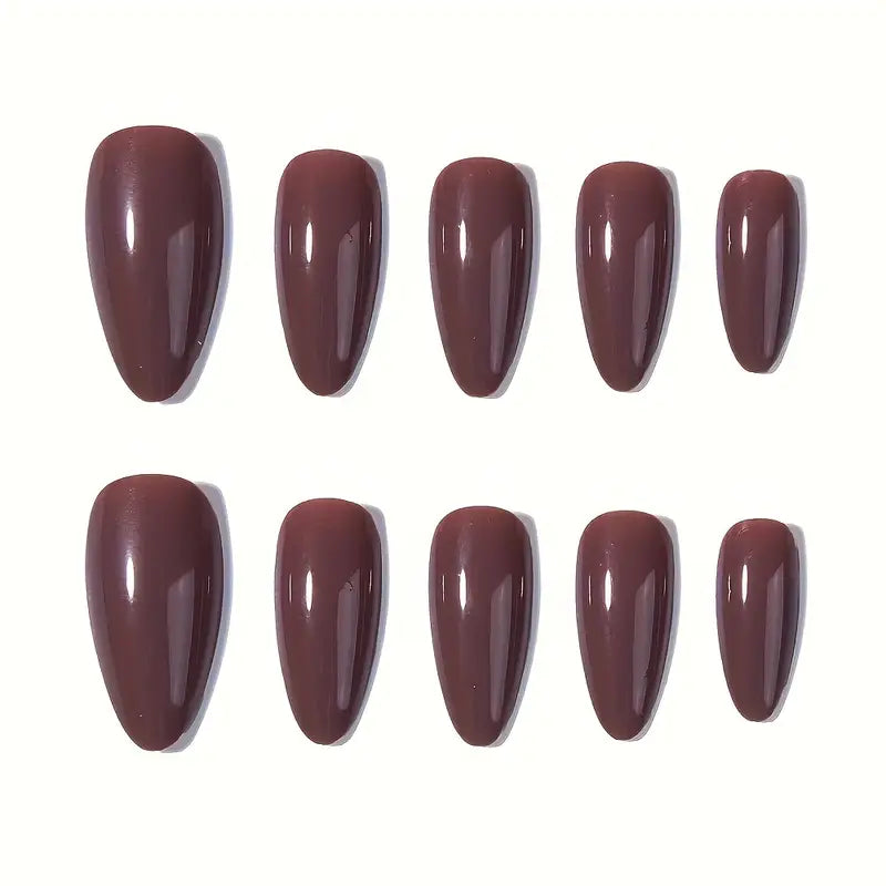 24pcs Long Almond Press On Nails - Glossy Red Brown