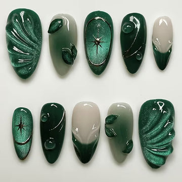 Green Marble French Cat-Eye Press-On Nails