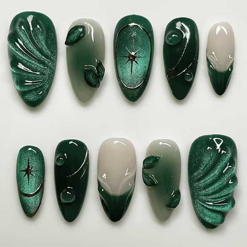 Green Marble French Cat-Eye Press-On Nails
