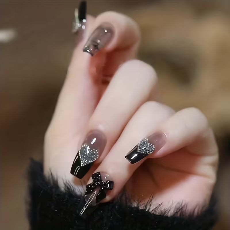24pcs Black Press On Nails with Jelly Gum