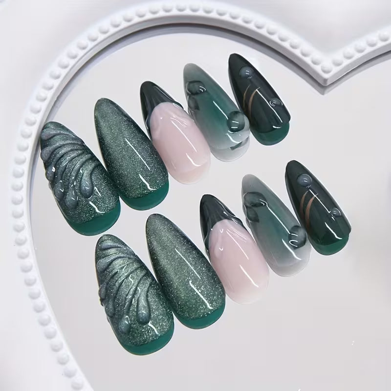 Green Marble French Cat-Eye Press-On Nails