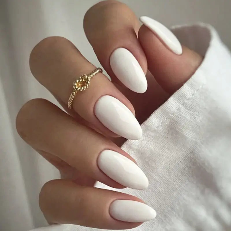 24 Long White Almond-Shaped Fake Nails